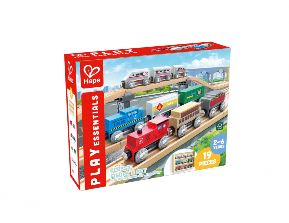 Children′s play set, Hape, Shelf with wooden trains, 19 pieces
