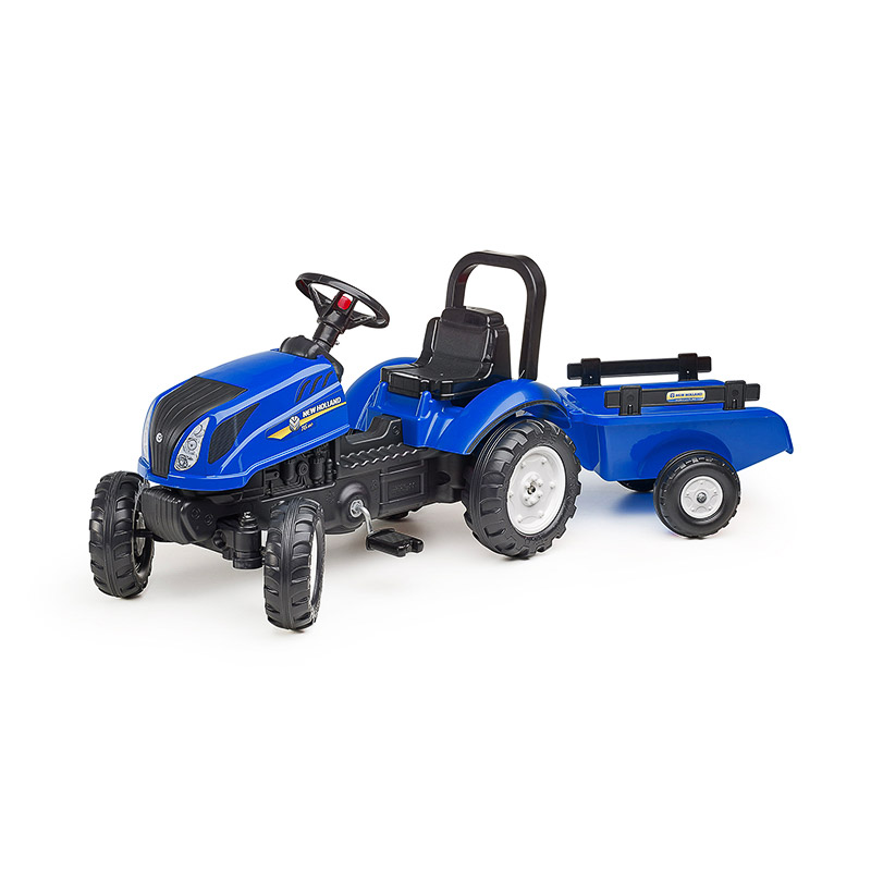 Children′s tractor with trailer, opening hood and pedals New Holland - blue