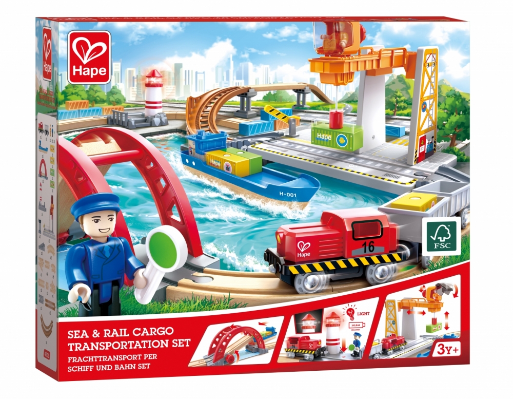 Wooden set, Hape, sea and rail freight, 4 pieces