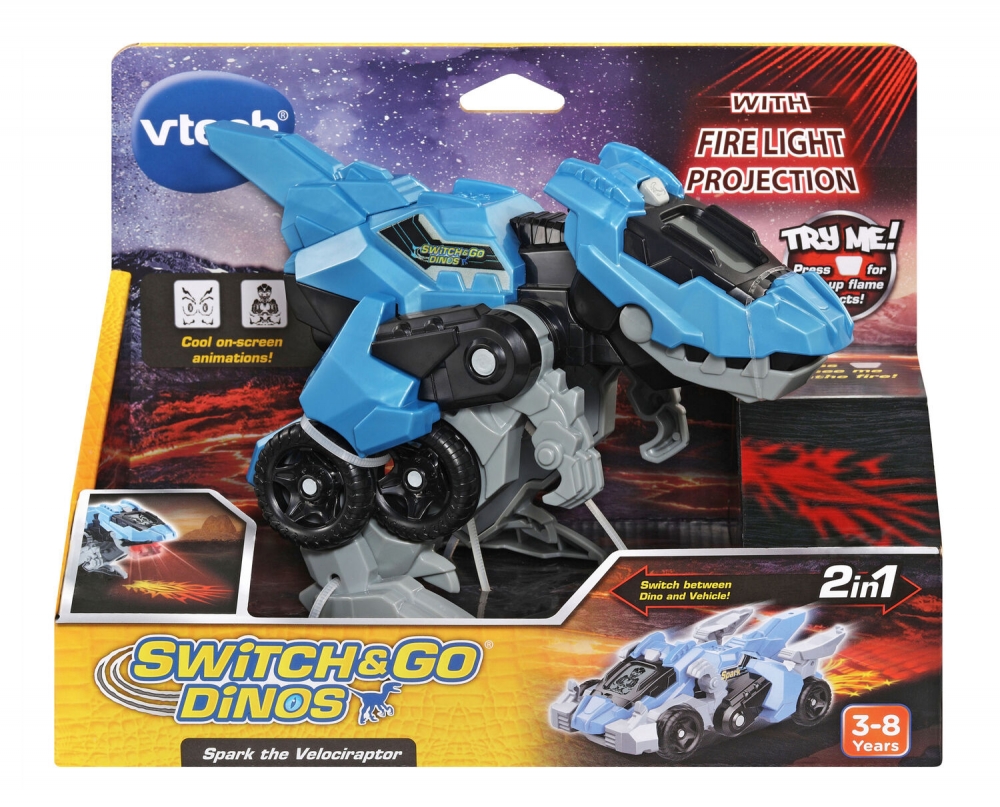 Interactive Toy, Vtech, Transformer Spark, Car and Dinosaur Velociraptor 2 in 1, Blue