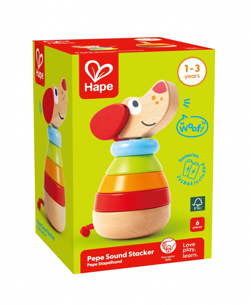 Interactive wooden set, Hape, Musical puppy with colorful rings, 6 pieces