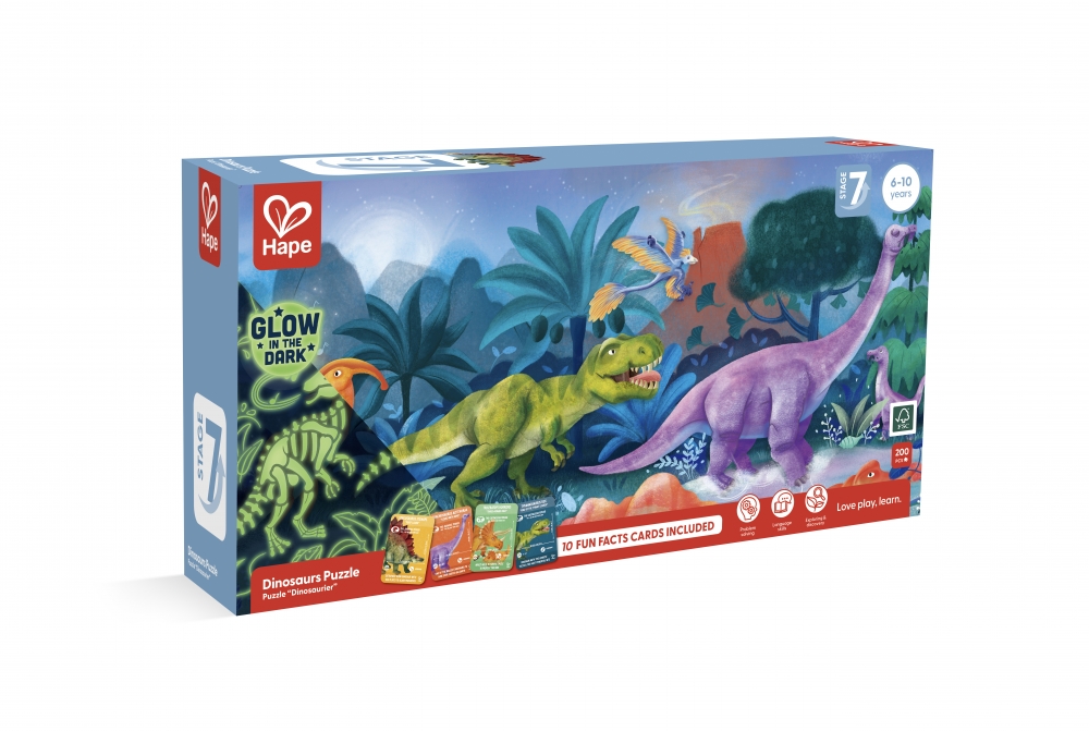 Puzzle, Hape, Dinosaurs, Glow in the dark, 200 pieces