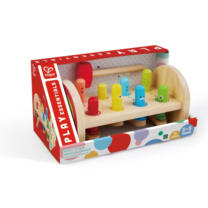 Wooden toy with hammer, Hape, Monsters, 11 piecesПейката с чук е цветна и забавна играчка за малки деца, която съчетава движение и учене. Вашето дете използва чукчето, за да удря по цветните дървени болтове, изпитвайки изненадващ люлеещ се ефект, когато п