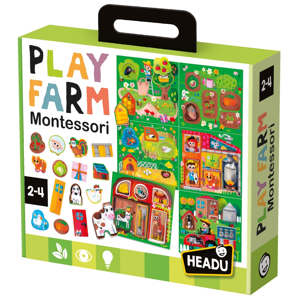 Educational puzzle, Headu Montessori, Farm, 6 cardboard mats, 36 shapes