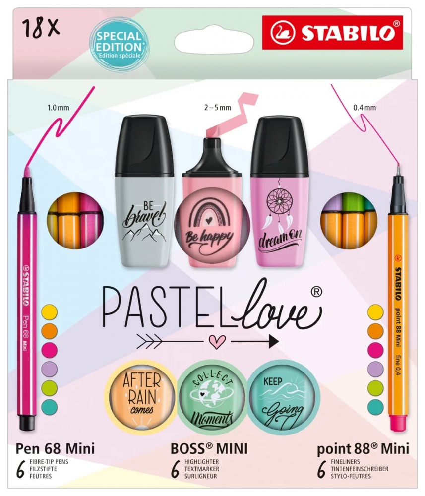 Combined set, Stabilo, Pastellove, Pen 68 Mini, Boss Mini, Point 88 mini, 18 pieces