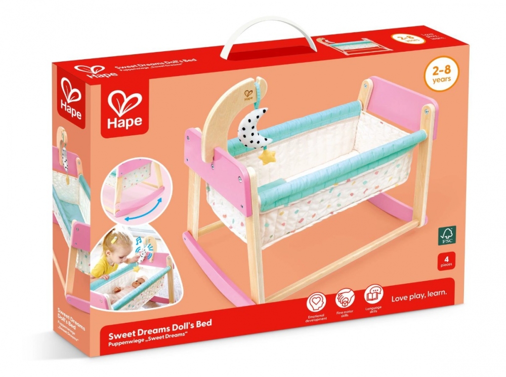 Wooden Rocking Doll Bed, Hape, 4 pieces