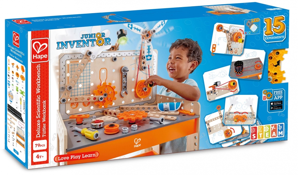 Play set, Hape, Wooden work table, Young inventor, 79 pieces