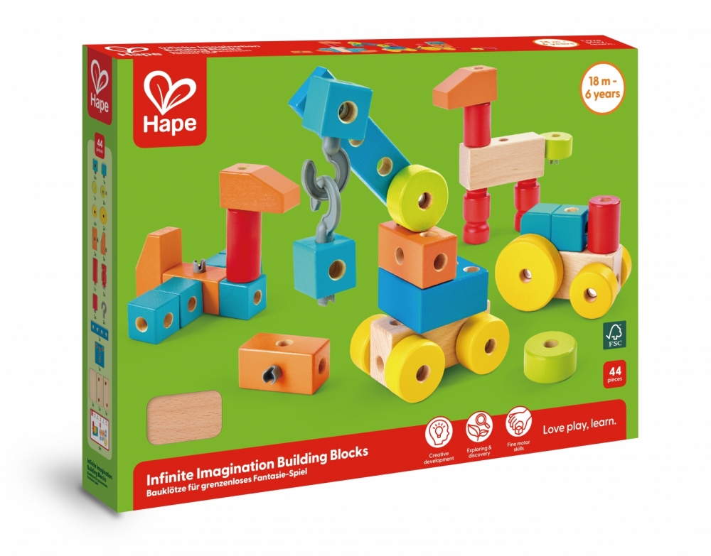 Комплект дървени, цветни кубчета, Hape, 44 части