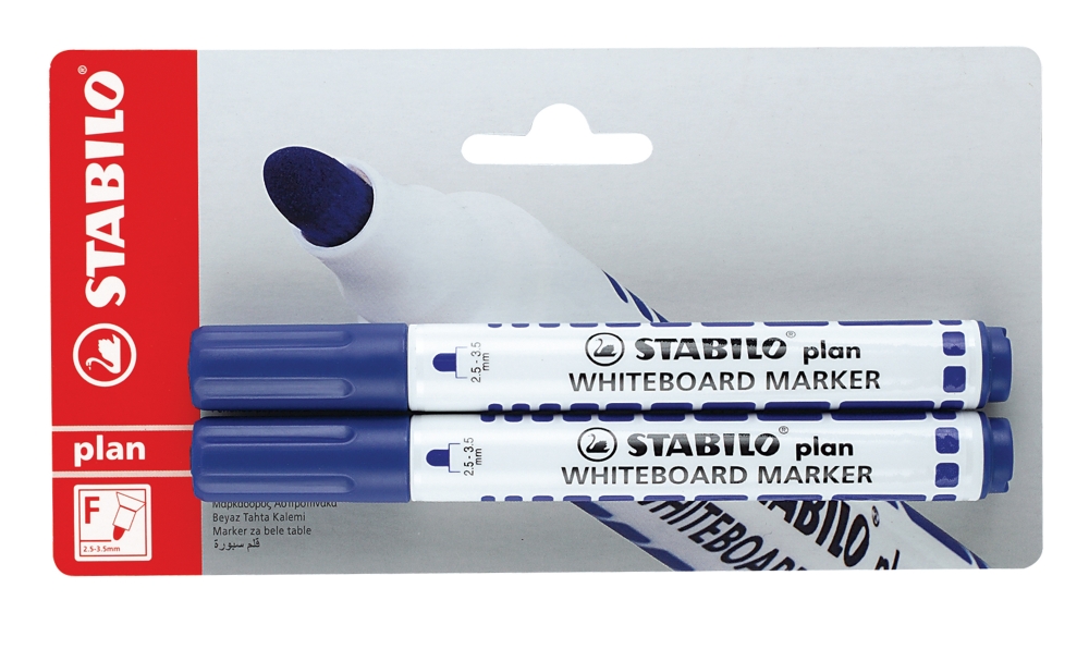 Комплект маркери за бяла дъска, Stabilo, Plan объл връх, 2 броя