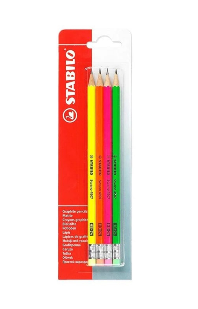 Комплект графитни моливи с гума, Stabilo, Swano fluo HB, 4 броя