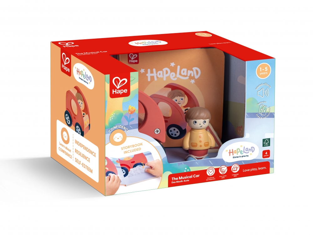 Игрален комплект, Hape, Комплект фигурки момче и кола с книжка, 4 части