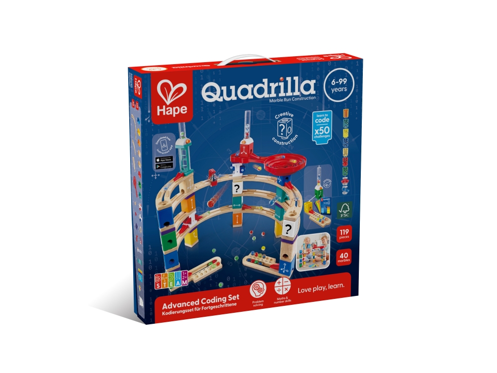 Комплект дървена писта с топчета, Hape, Quadrilla, Усъвършенствано кодиране, 159 части