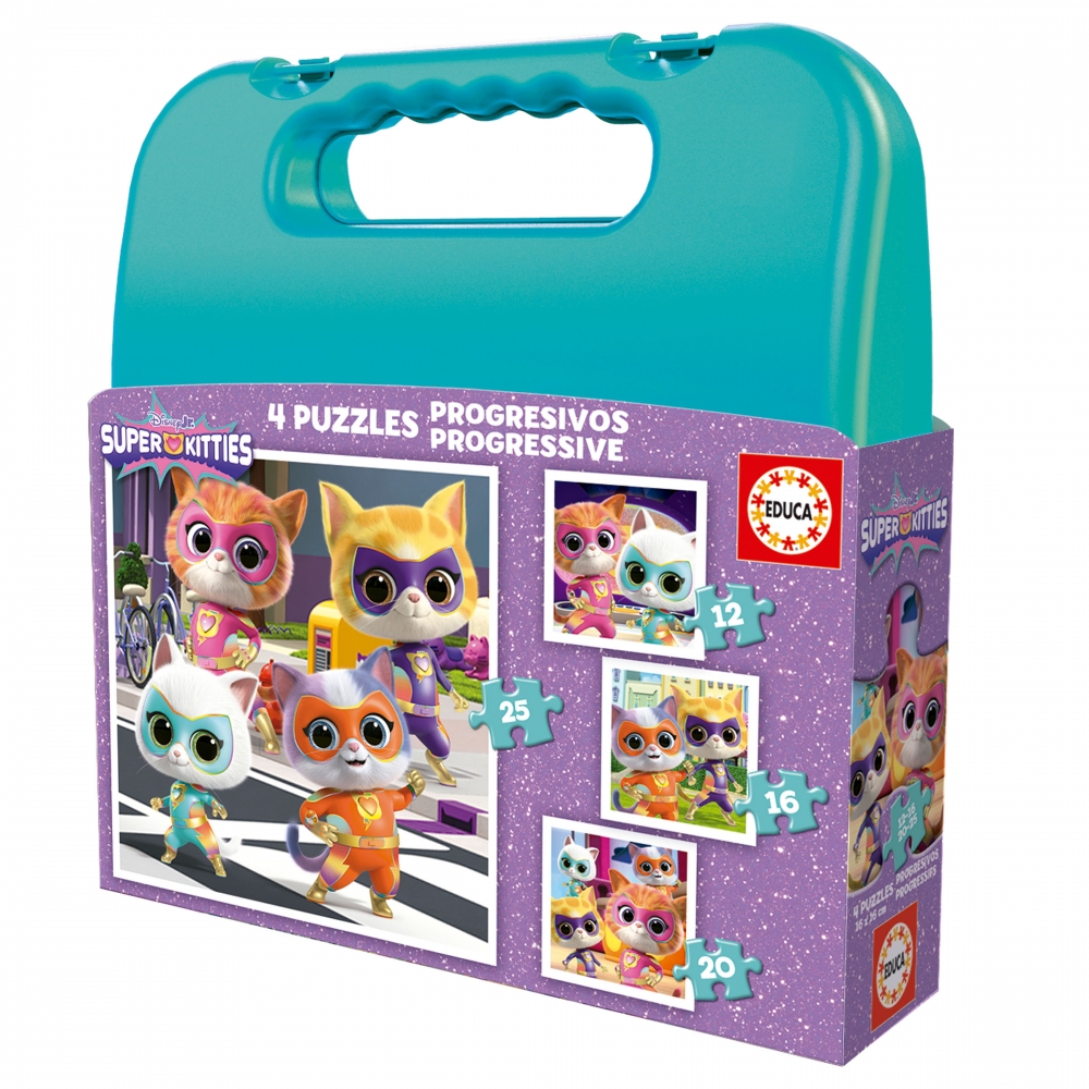 Прогресивен пъзел, Educa, Super Kitties в куфарче 4 в 1, 12-16-20-25 части