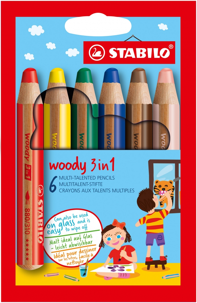 Комплект цветни моливи, Stabilo, Woody 3 в 1, 6 цвята