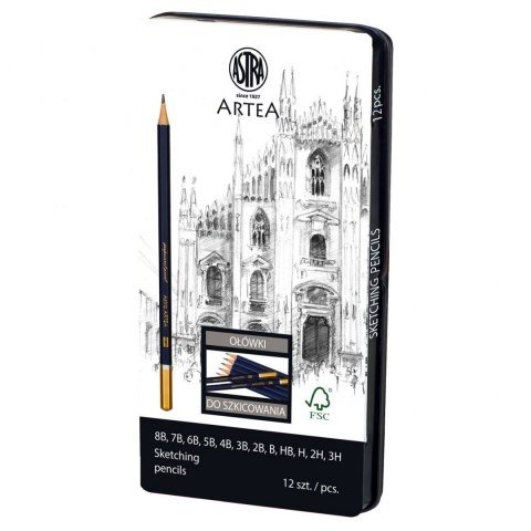 Комплект моливи за скициране в метална кутия, Astra, 12 броя