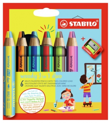 Комплект цветни моливи, Stabilo, Woody 3 в 1 Duo, 6 цвята + острилка