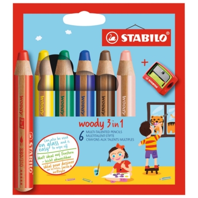 Комплект цветни моливи, Stabilo, Woody 3 в 1 + острилка, 6 цвята