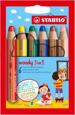 Комплект цветни моливи, Stabilo, Woody 3 в 1, 6 цвята