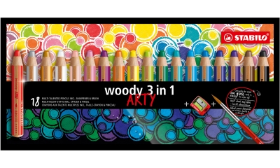 Комплект цветни моливи, Stabilo, Woody Arty 3 в 1, С острилка и четка, 18 цвята