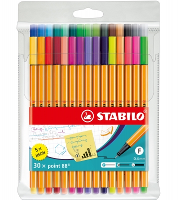 Комплект тънкописци, Stabilo, Point 88 25+5 neon, 30 цвята