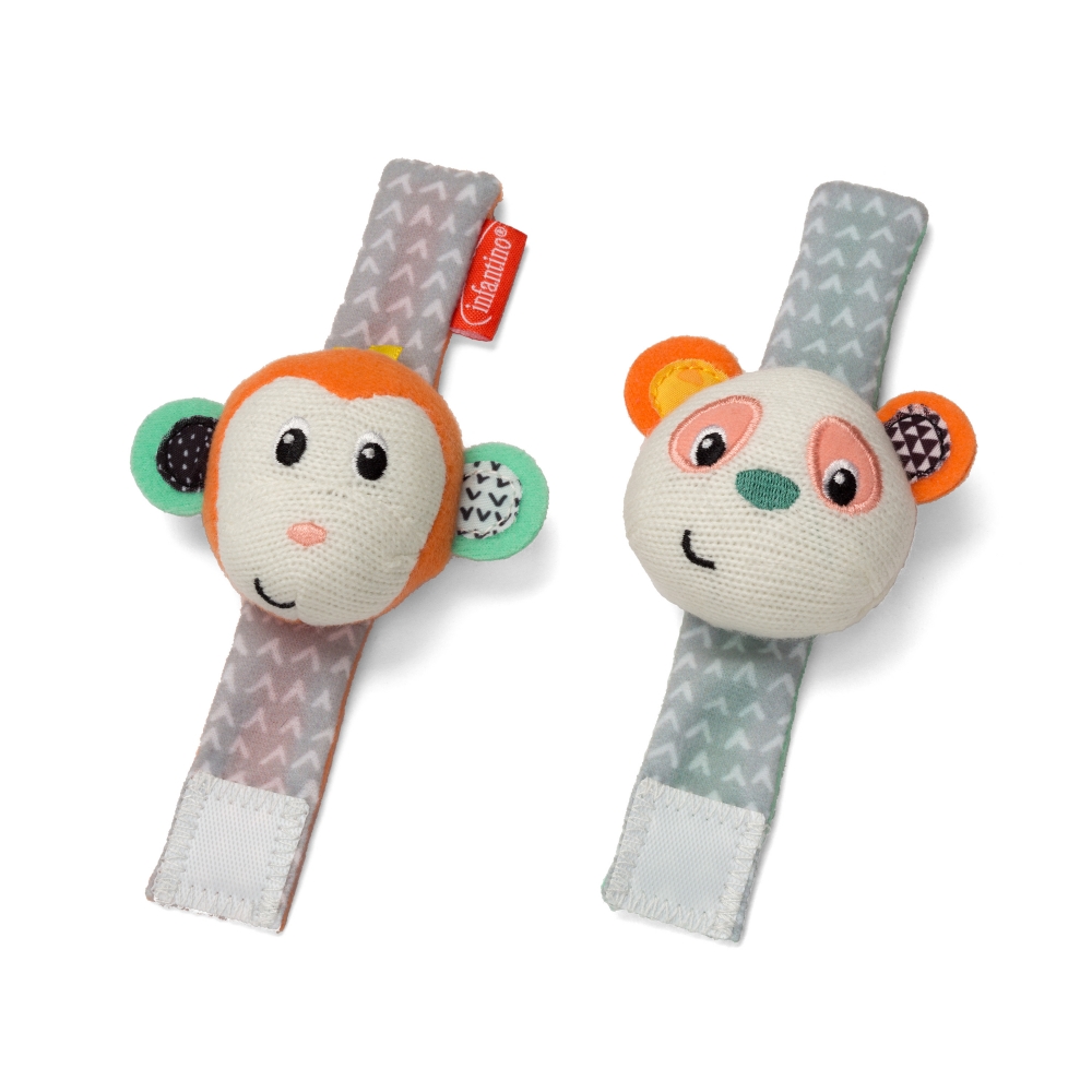 Set de brățări moi cu zornăitoare, Infantino, Maimuță și Panda, 2 bucăți
