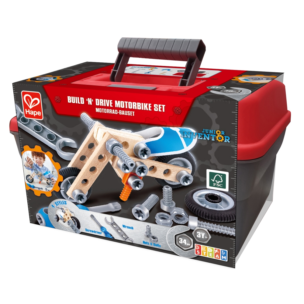 Set din lemn, Hape, Micul inventator, Motocicleta, 34 piese