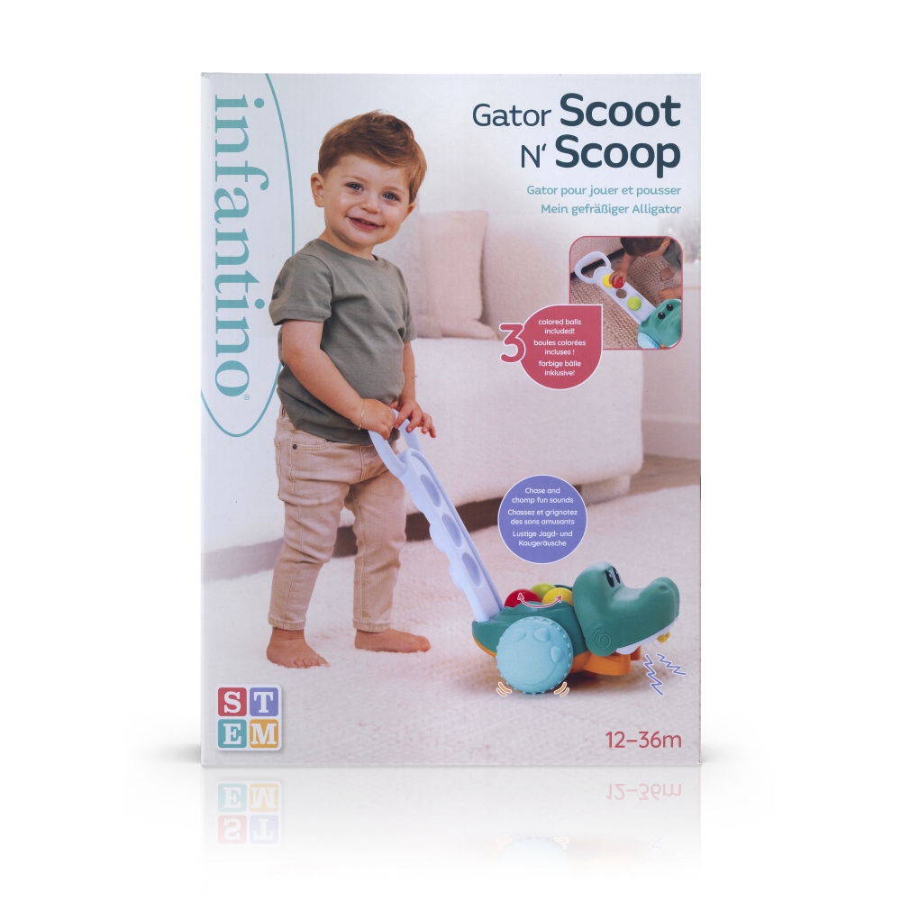 Jucărie interactivă de împins, Infantino, Crocodil cu mingi, Culori delicate
