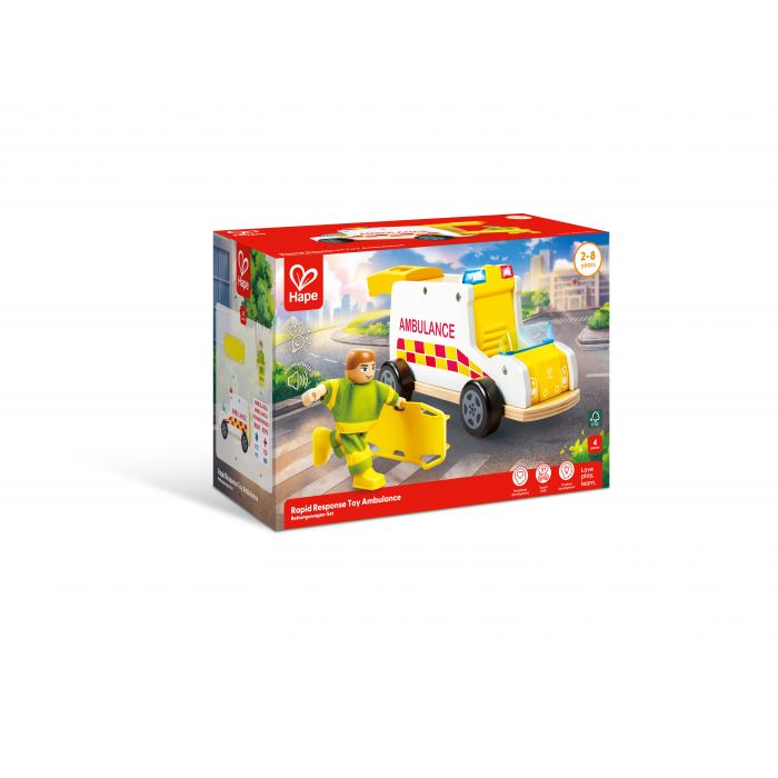 Set de lemn pentru copii, Hape, Ambulanță de urgență, 4 piese