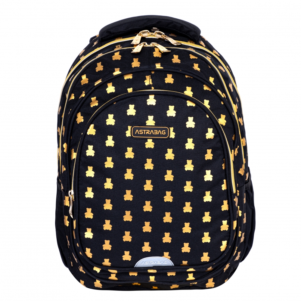 Ghiozdan ASTRA Golden Teddy, Ergo Back, negru cu imprimeu ursuleti aurii, 3 compartimente