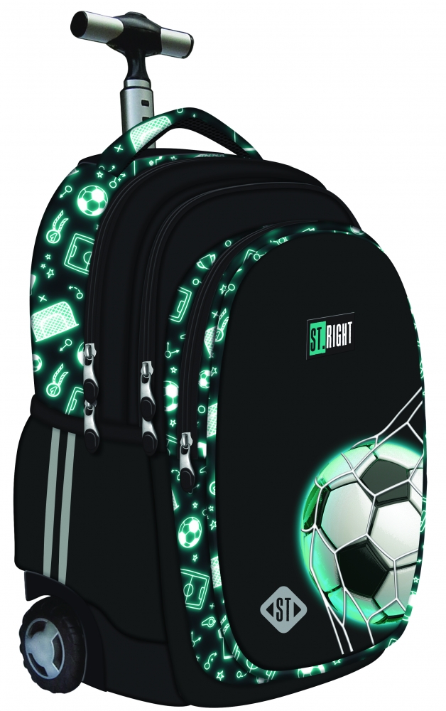 Ghiozdan scolar cu roti, St.Right, minge de fotbal neon, 44 x 32 x 25 cm