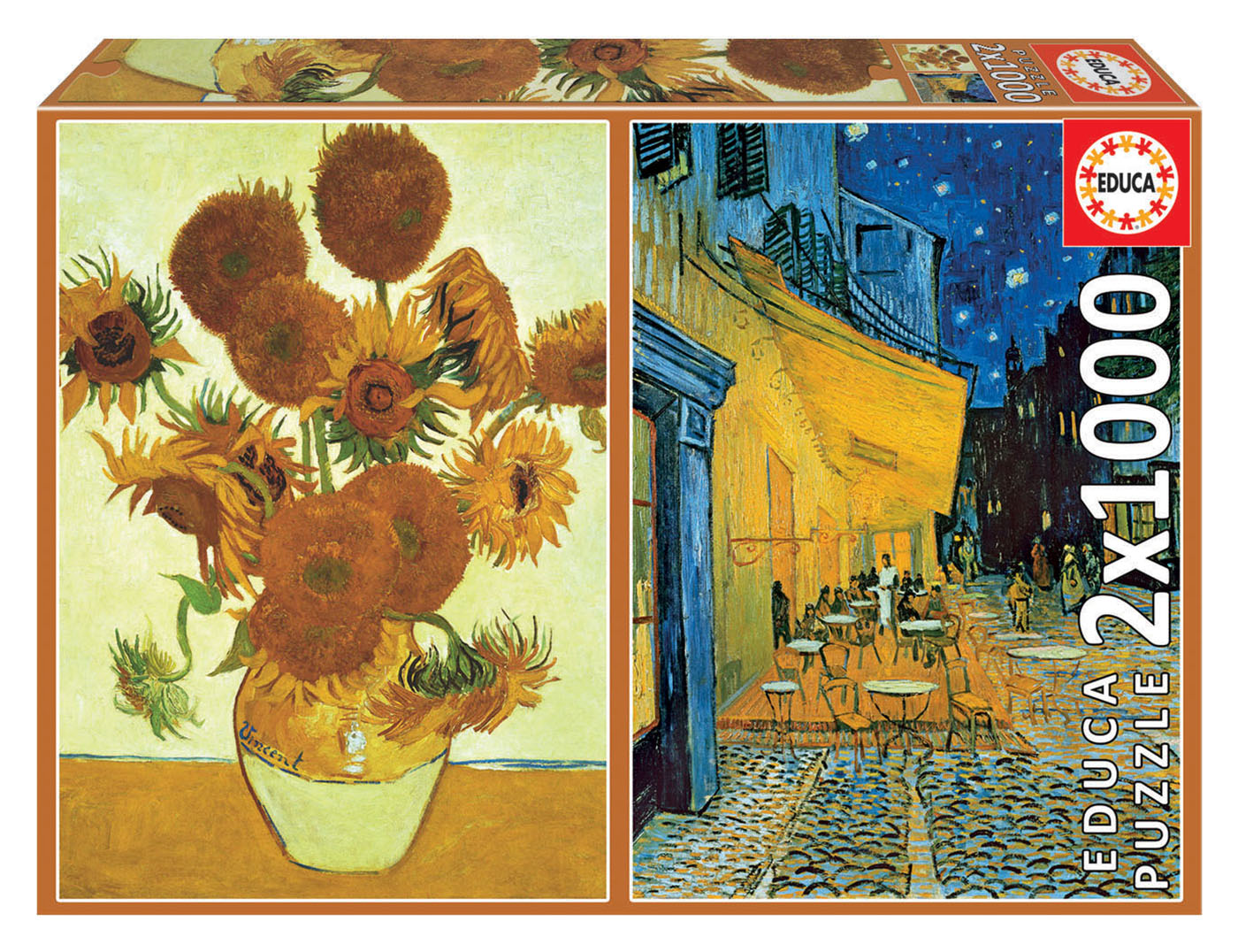Set puzzle, Educa, Floarea-soarelui și terasa cafenelei noaptea, Van Gogh, 2 x 1000 piese
