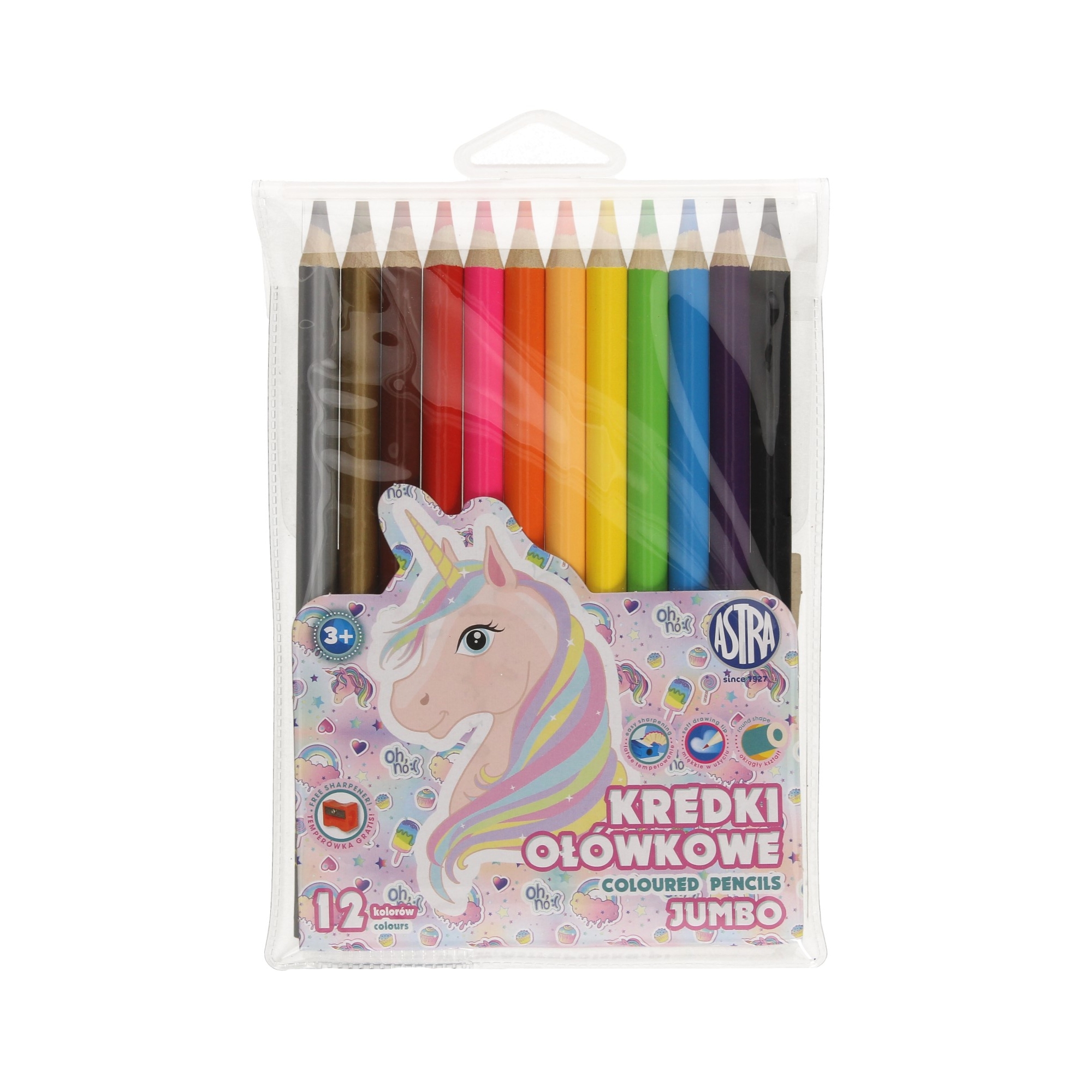 Set creioane rotunde colorate cu ascutitoar, Unicorn jumbo, Astra, 12 culori