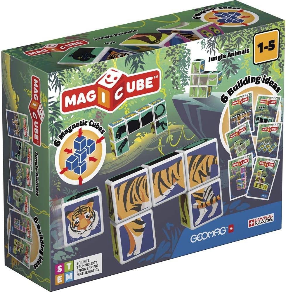 Set de constructie Geomag Magicube, 6 cuburi magnetice, animale salbatice, multicolor