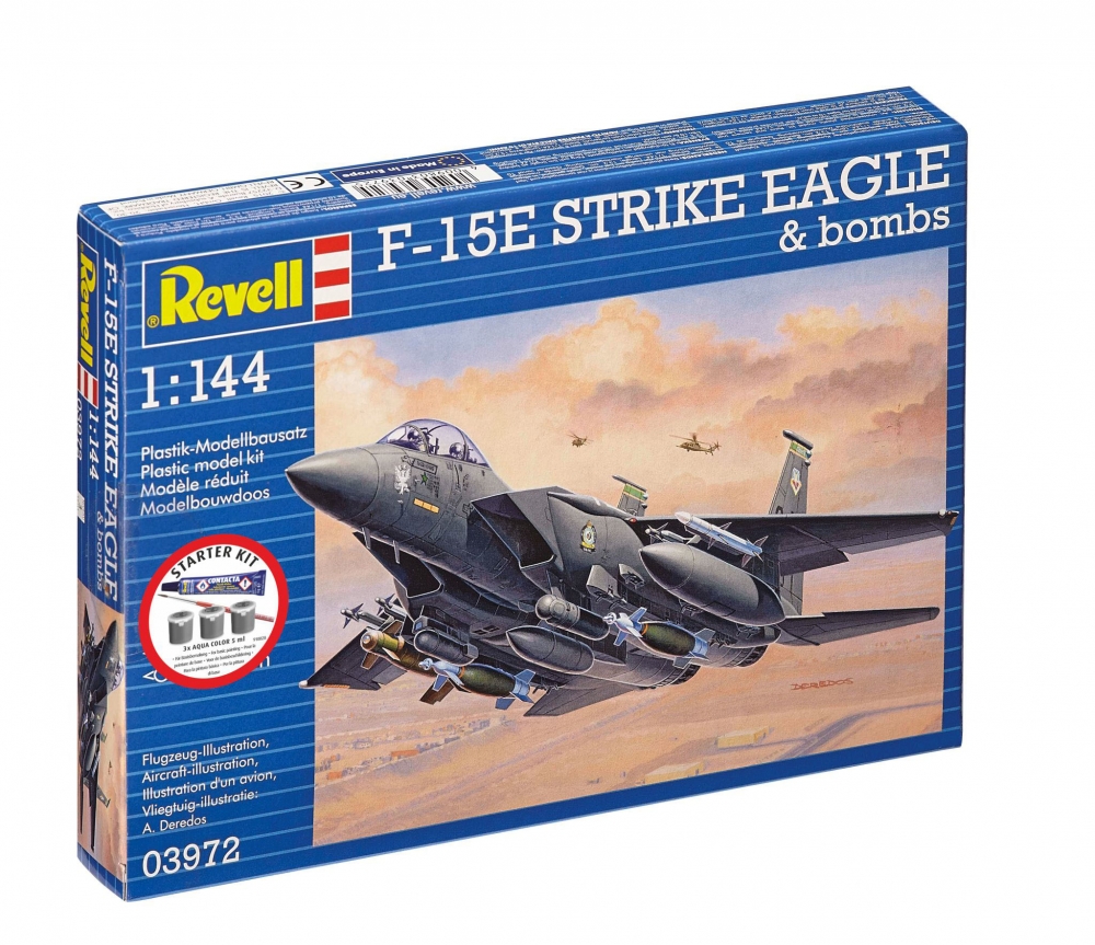 Macheta de asamblat, Revell, Kit de pornire avion de vanatoare F-15 Strike Eagle cu bombe, 70 de piese