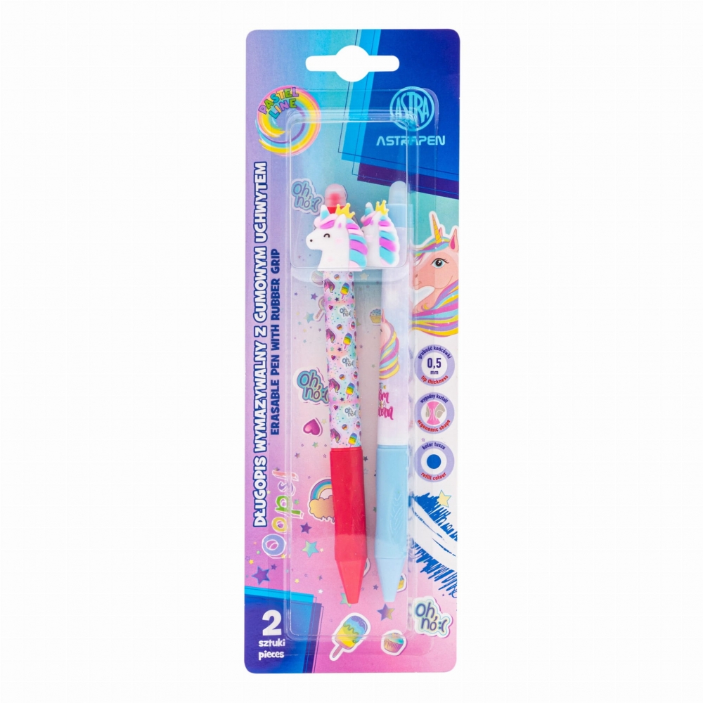 Set 2 pixuri cu radiera, ASTRA art-pap, Unicorn, varf 0.5 mm, cerneala albastra, 18x85x215mm, multicolor
