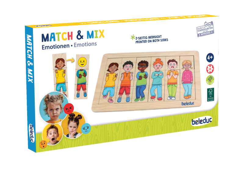Puzzle din lemn, Beleduc, Potrivește și combină, Emoții, 18 piese