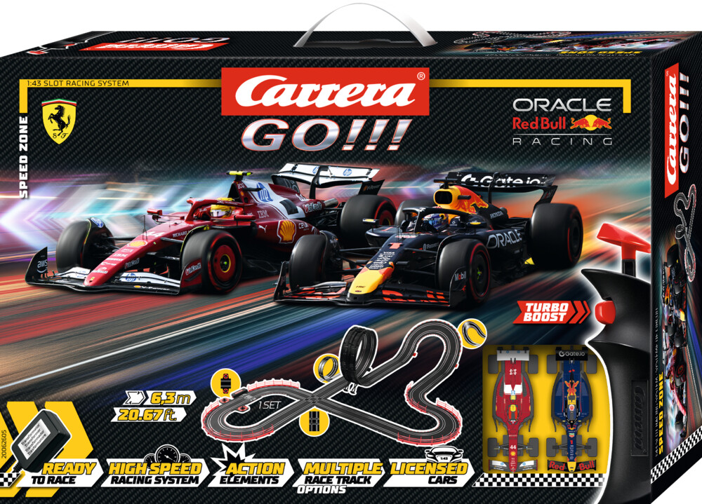 Circuit Carrera GO!!! Speed Zone 6.3m, set cu 2 mașinuțe Verstappen și Sainz, telecomandă, culoare multicolor