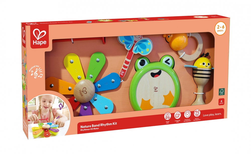 Set muzical din lemn, Hape, natura, 5 piese