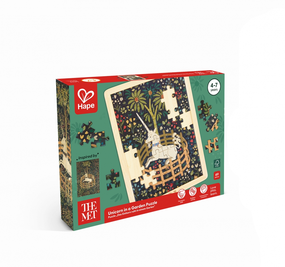 Puzzle din lemn, Hape, The Met, Unicorn într-o grădină, 49 de piese