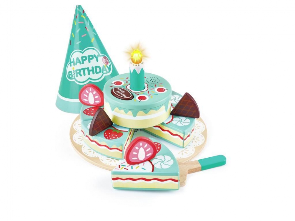 Set interactiv de tort din lemn, Hape, La multi ani, 16 piese