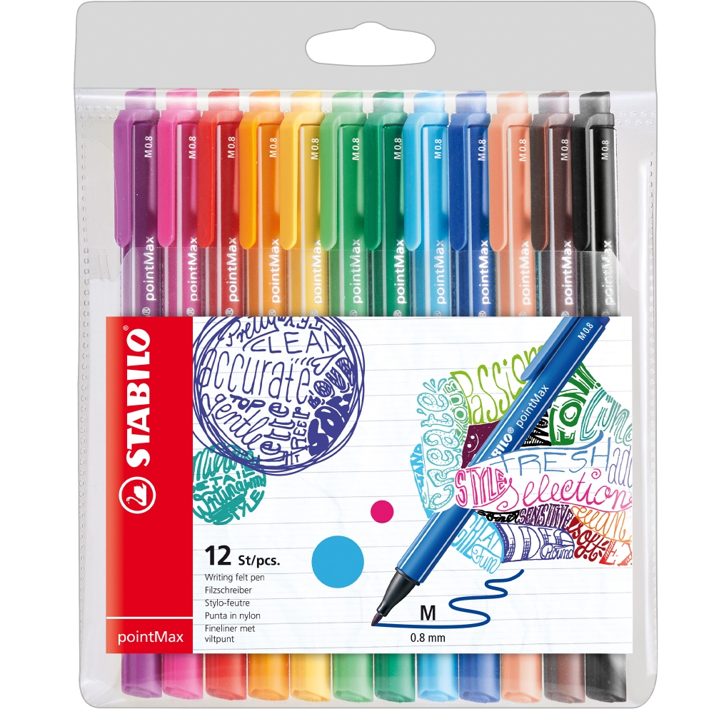 Fineliner Stabilo PointMax, 0.8 mm, 12 culori / set, etui plastic