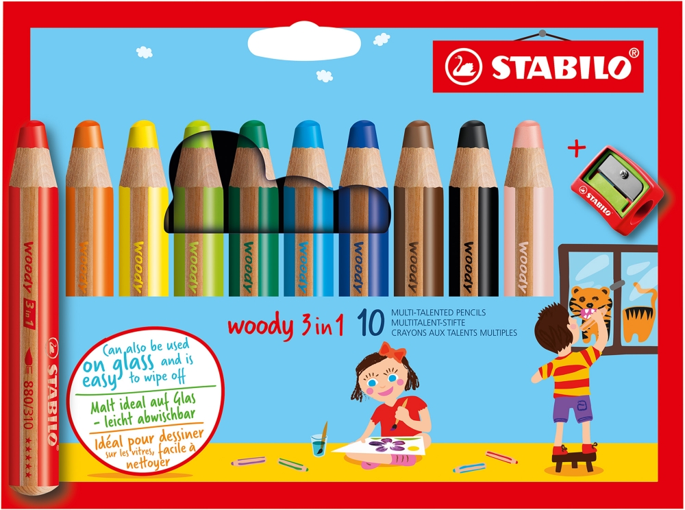 Set creioane colorate, Stabilo, Woody 3 in 1 + ascutitoare, 10 culori
