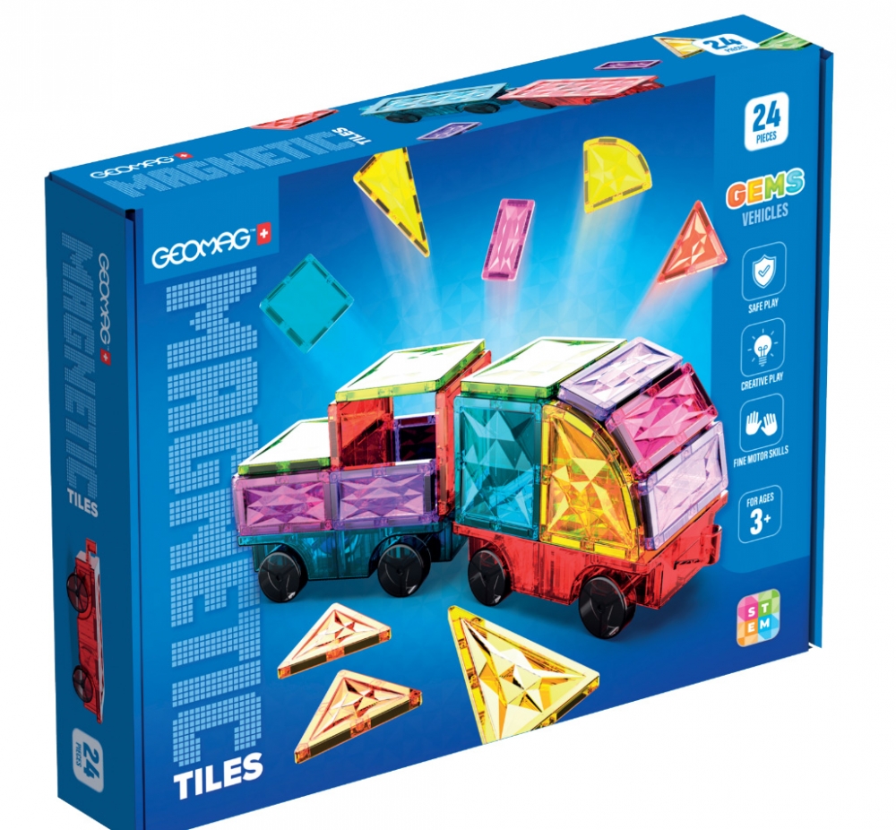 Constructor magnetic, Geomag, Plăci multicolore, Vehicule, 24 de piese