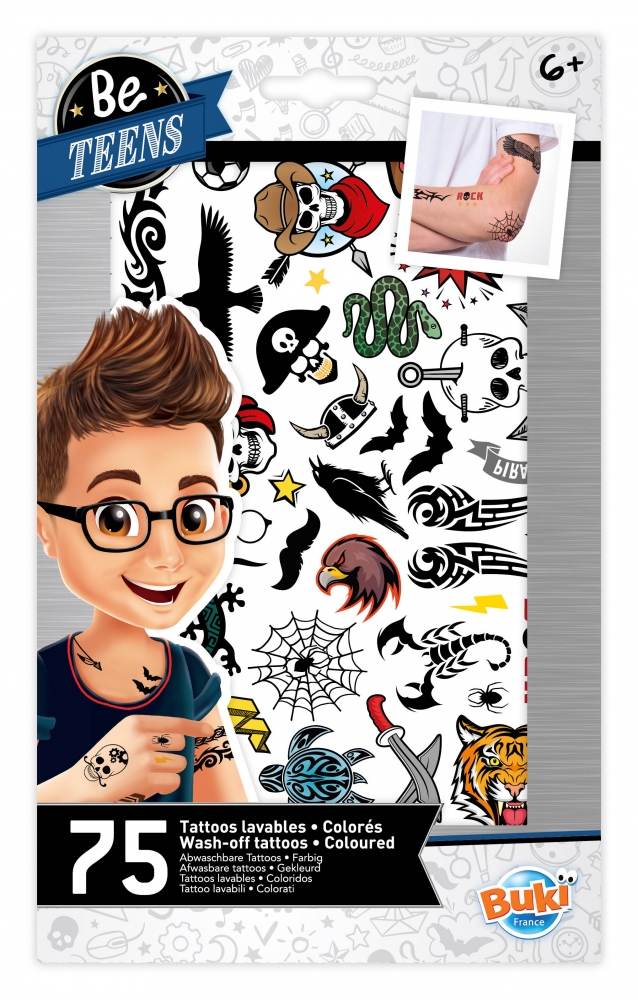 Set tatuaje temporare, Buki France, tatuaje lavabile pentru băieți, 75 de piese