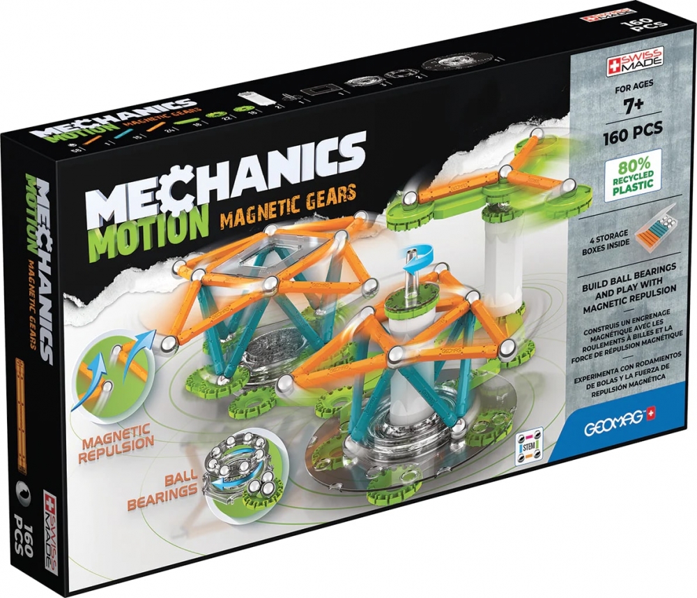 Set de constructie magnetic Geomag, Mechanics Motion, Magnetic Gears, 160 piese