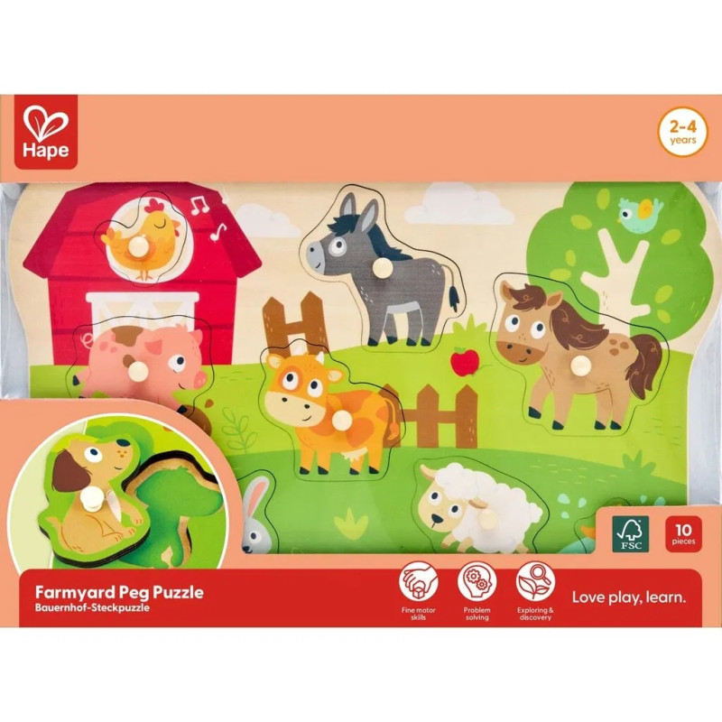 Joc puzzle din lemn, Hape, Fermă, 10 piese
