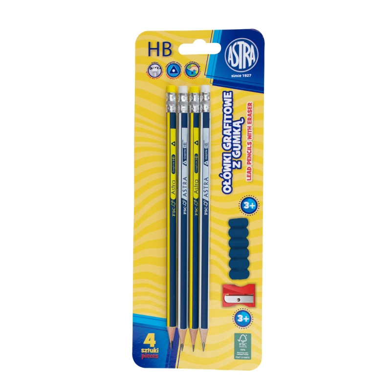 Set creioane grafit cu cauciuc HB + ascutitor si capac, Astra, 4 piese