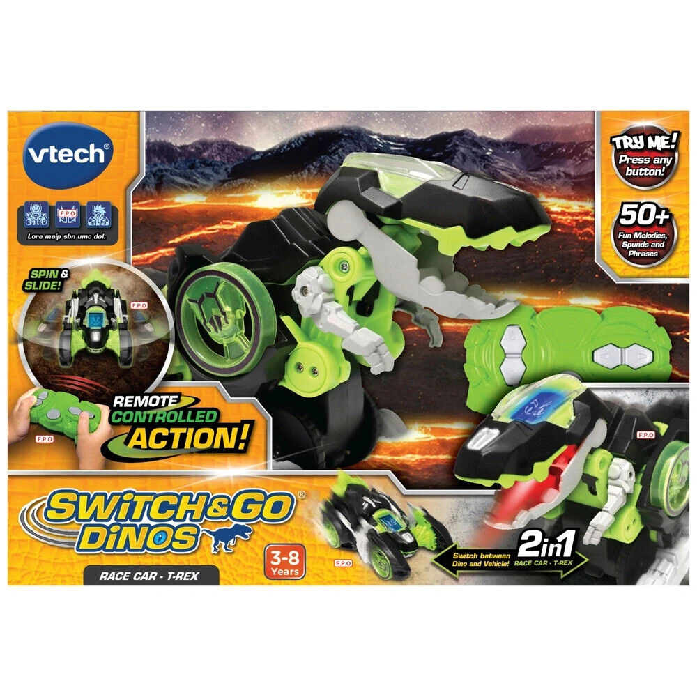 Jucarie Interactiva Riot The T-Rex, 2 in 1, Dinozaur Transformabil in Masina de Curse, cu Telecomanda, Efecte Luminoase si Sonore, Ecran LCD cu Animatii, Fraze in Engleza, Verde