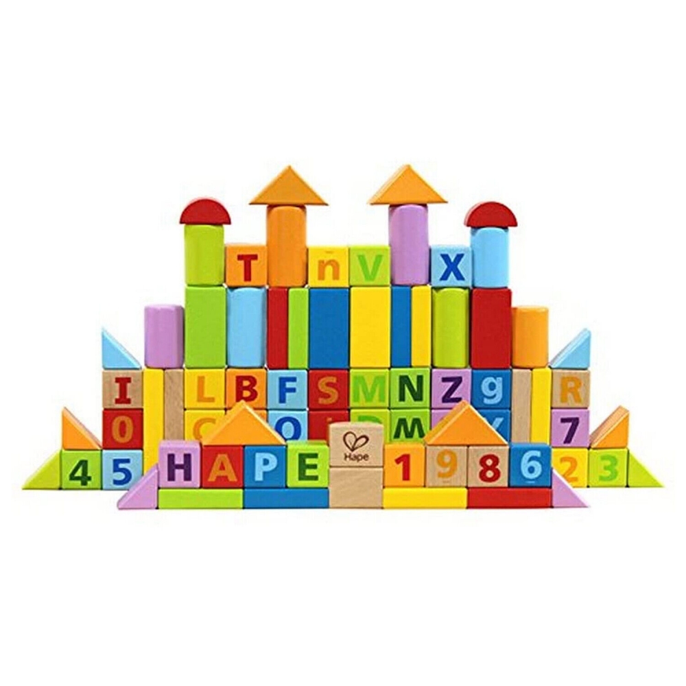 Set cuburi din lemn cu cifre si litere, Hape, 80 piese