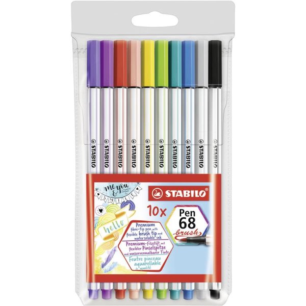 Set de pixuri cu vârf de pâslă, Stabilo, Pen 68 Brush, 10 culori